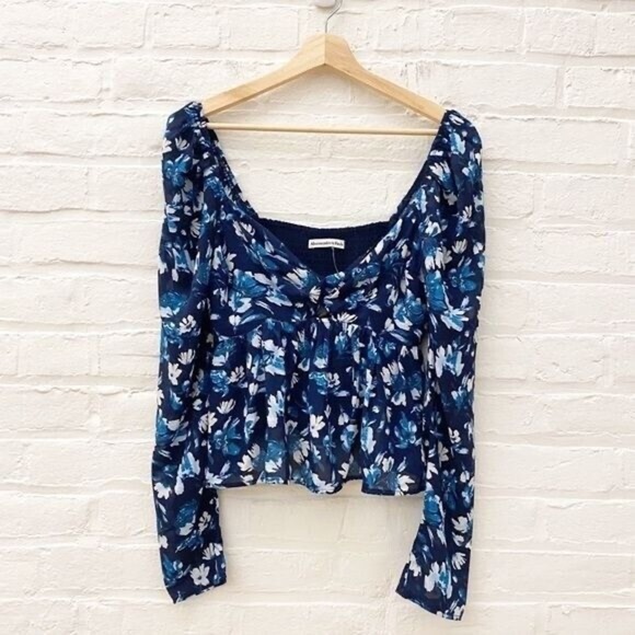 Abercrombie and Fitch Long Sleeve Sheer Babydoll Twist-Front Top Floral Blue - Picture 3 of 7
